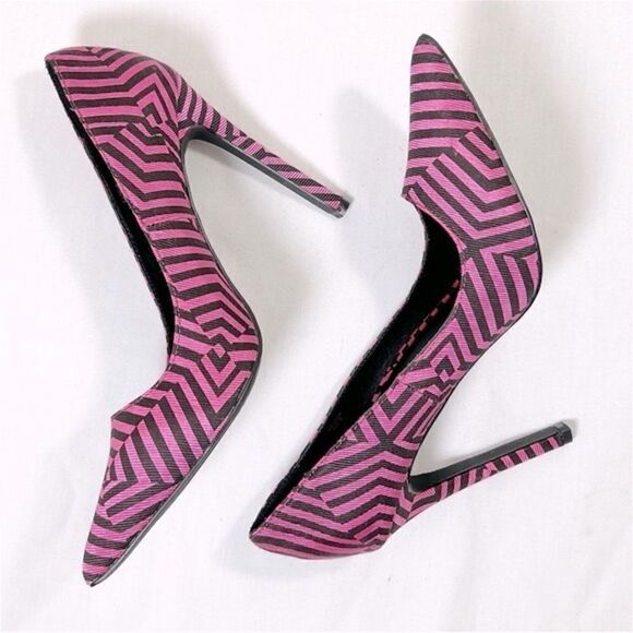 NWOT Paper Fox Womens Heel Pumps Pointed-Toe Stiletto Hot Pink Brown Stripes - Picture 4 of 6